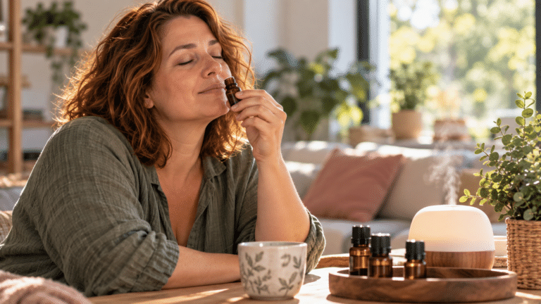 Femme souriante respirant le parfum d'une huile essentielle dans un intérieur lumineux, lors d'un moment de détente.